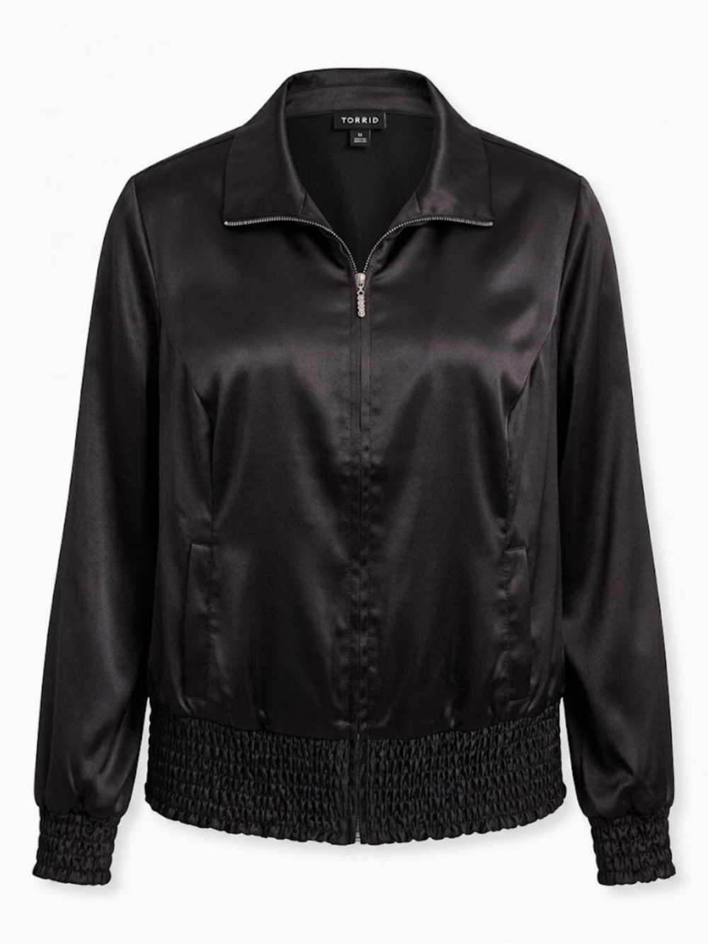 Torrid’s Black Satin Bomber Jacket with Smocked Hem Size 2X NWOT